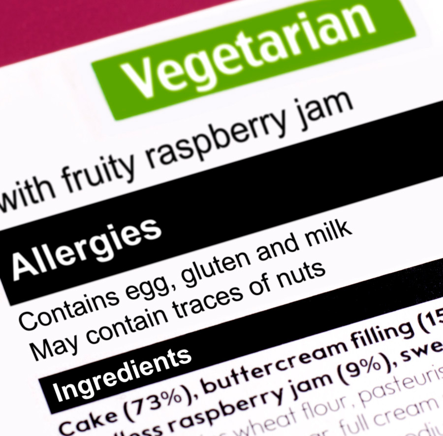 Ingredients label that calls out food allergies and "may contain" language