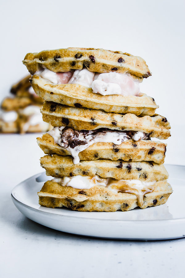 Stacked Vegan Chocolate Chip Waffle Ice Cream Sandwiches